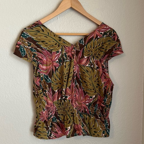 Madewell Shirred Cap-Sleeve Linen Blend Top in Brushstroke Monstera, Size Large - Picture 8 of 10